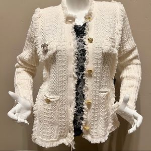 Tahari Cream Fringe Knit Jacket with Gold Buttons